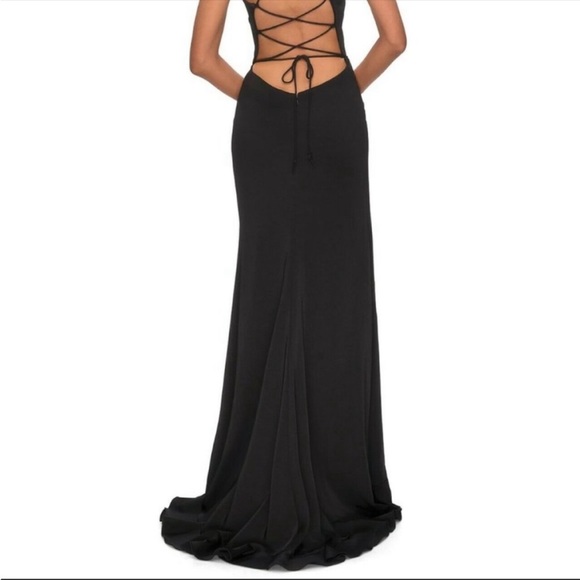 LA FEMME Black Flutter Slit Trumpet Gown size 00 - Picture 5 of 10
